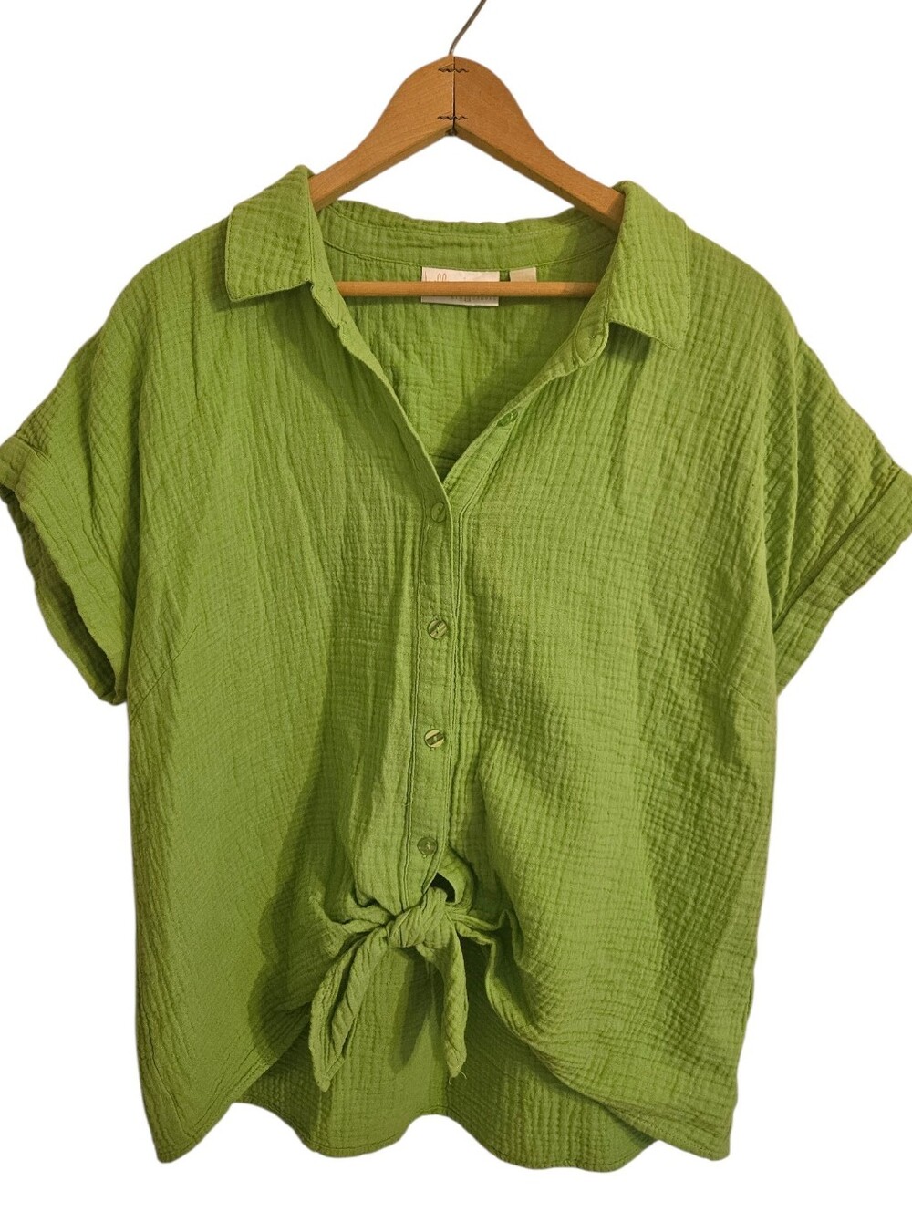 Belle Beach Kim Gravel Textured Cotton Lime Green Button Front Tie Hem Top Sz L